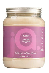 Levann jA Vegan Protein powder in Berry Fruits flavor, gluten-free and lactose-free, packed in a stylish jar.